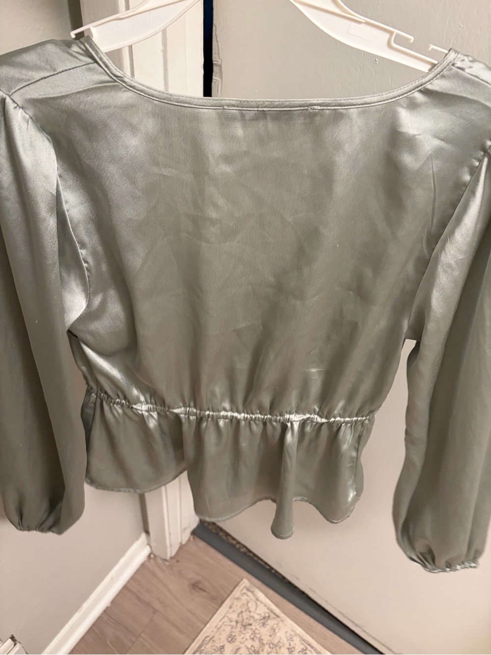 Abercrombie & Fitch Sage Green Satin V-Neck Blouse with Tie - Picture 8 of 8